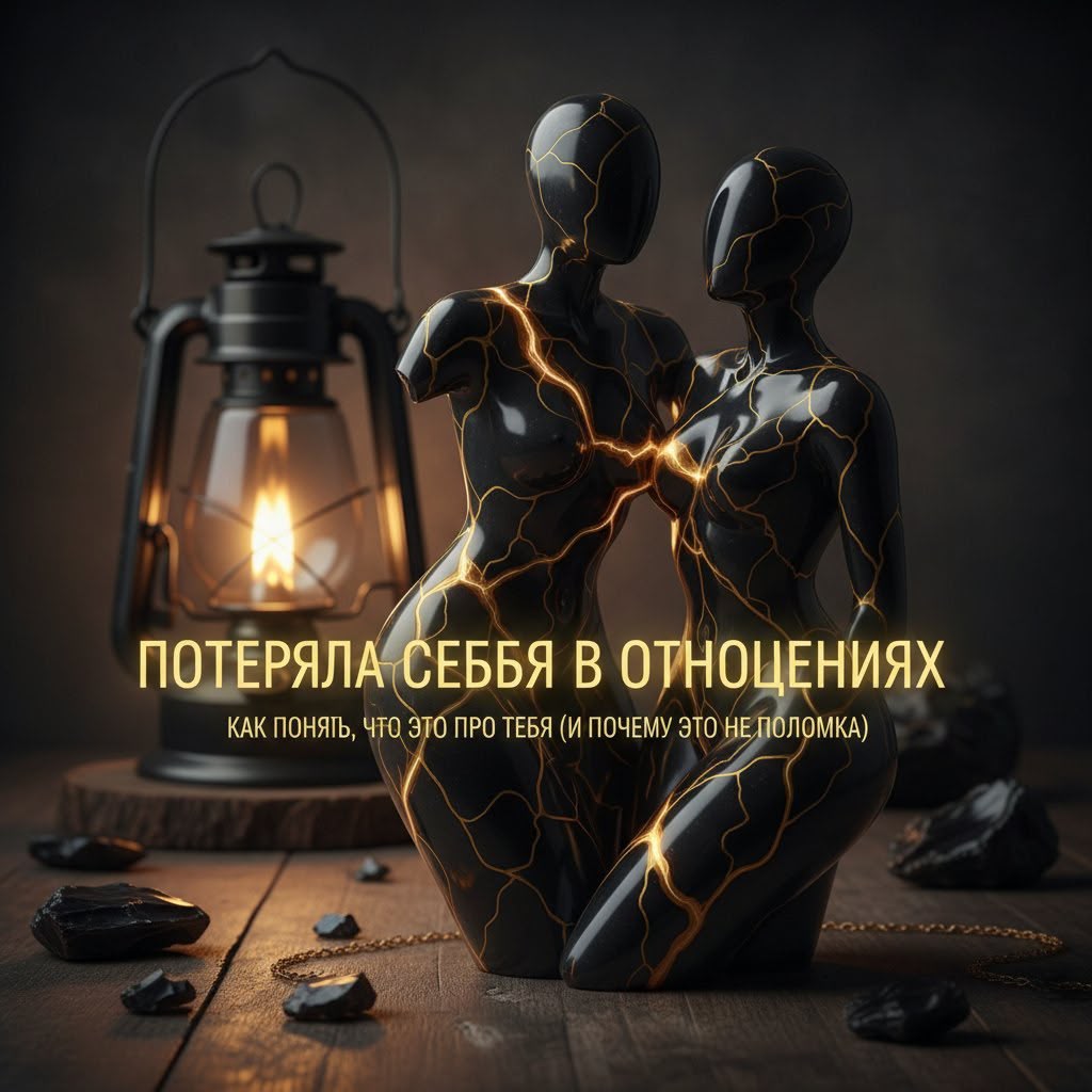 Потеряла себя в отношениях: две фигуры, сросшиеся золотыми трещинами, у лампы